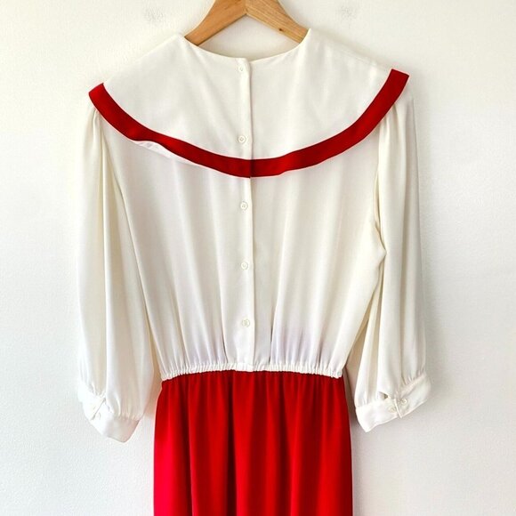 Vintage Pierre Cardin Bib Collar Maxi Dress Womens Sz 14 White Red Modest Sheer - Picture 6 of 16